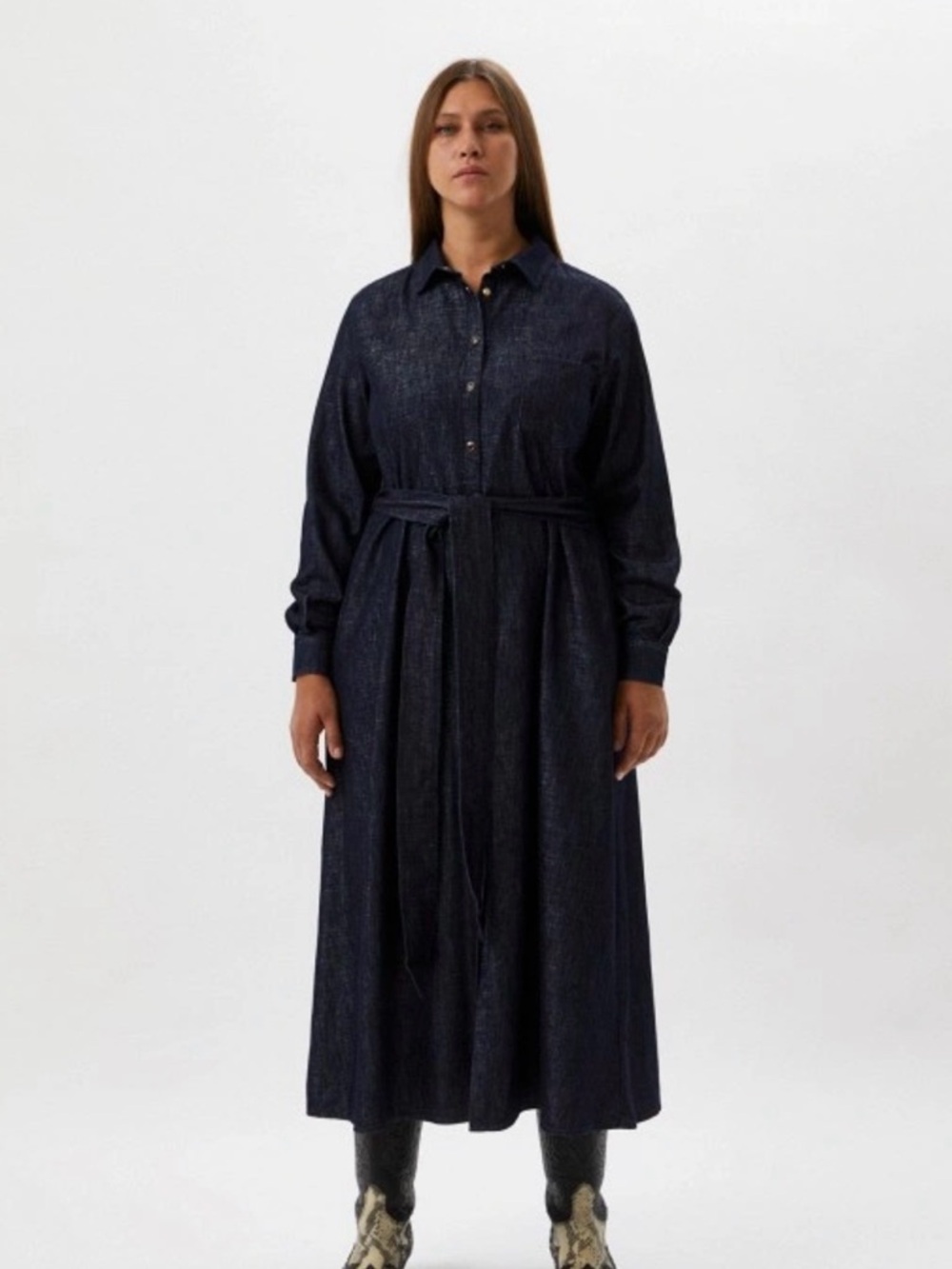Marina Rinaldi Dalmata Dark Navy Long Sleeve Maxi Shirt Dress with Waist Tie